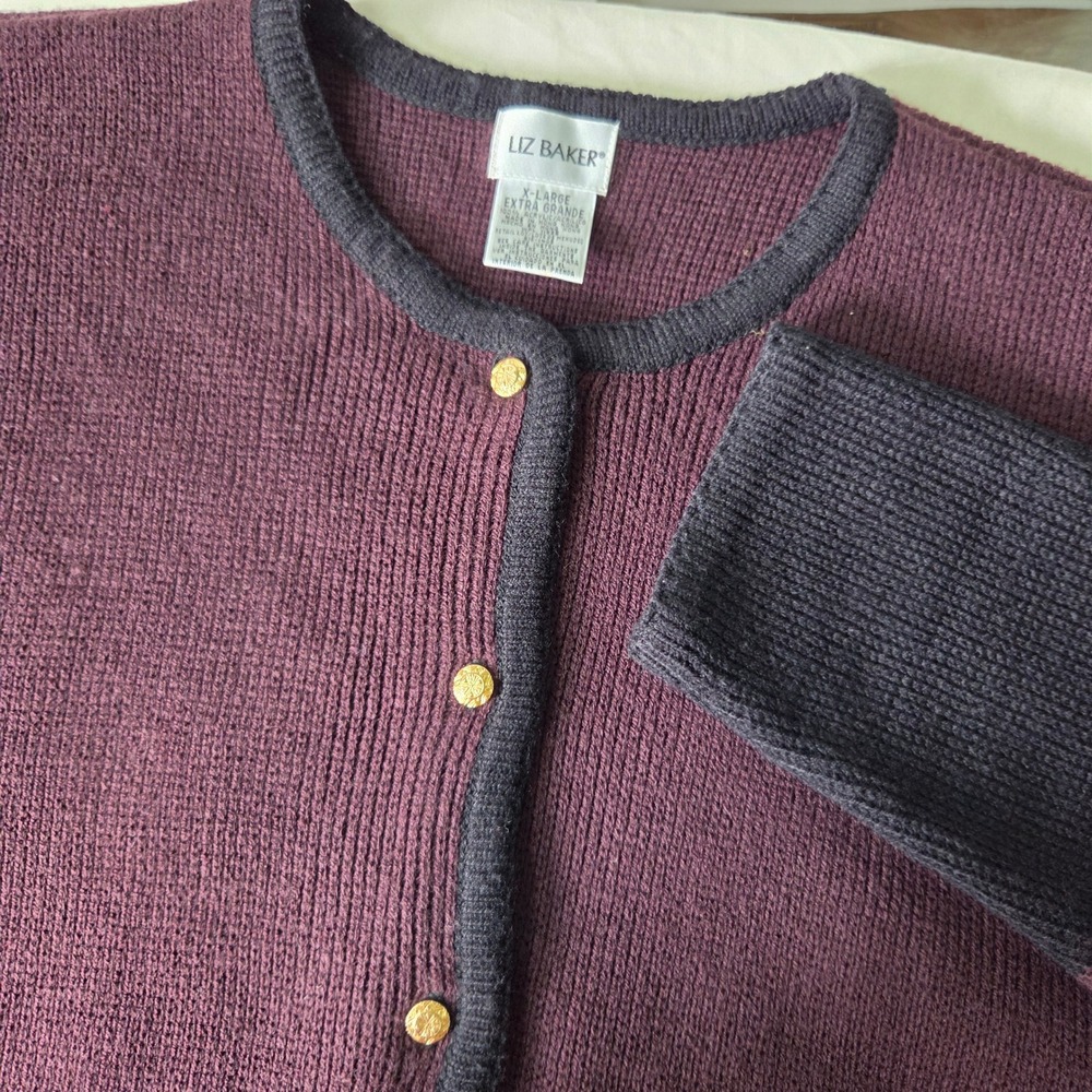 Liz Baker Women XL Burgundy Black AutumnLeaf Embroidered Button Cardigan Sweater